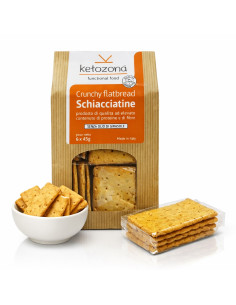 Schiacciatine Ketozona su sfondo bianco con ciotola e mini‑pack, foto prodotto 1200x1200.