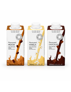Bevande proteiche Ketozona nei gusti mocha, vaniglia e cioccolato, pronte da bere, senza zuccheri aggiunti e fonte di fibre.
